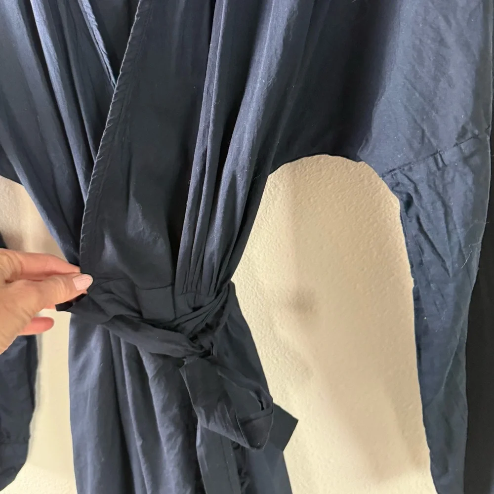 A Shirt Thing Navy Blue Wrap Midi Dress Cotton Casual Boho Minimalist Women M/L - Picture 8 of 15